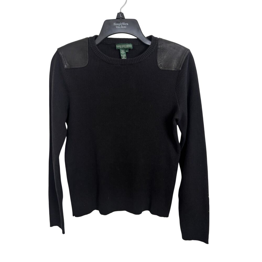 Y2K Lauren Jeans Co Black Rib Knit Crewneck Leather Patch Long Sleeve M Moto